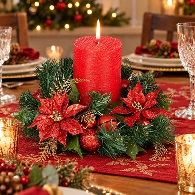 Glitter Poinsettia Candle Ring  Red