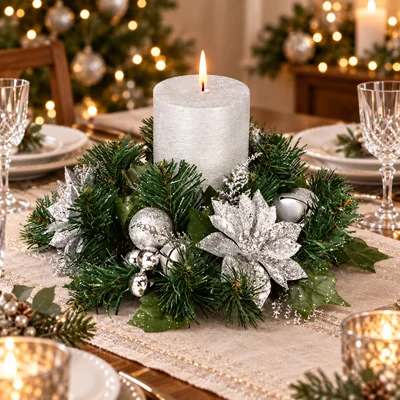 Glitter Poinsettia Candle Ring Silver