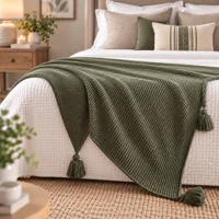 Knitted Throw with Tassels Sage