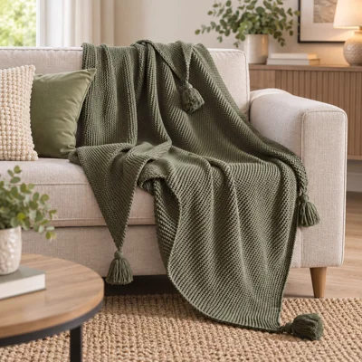 Knitted Throw with Tassels Sage