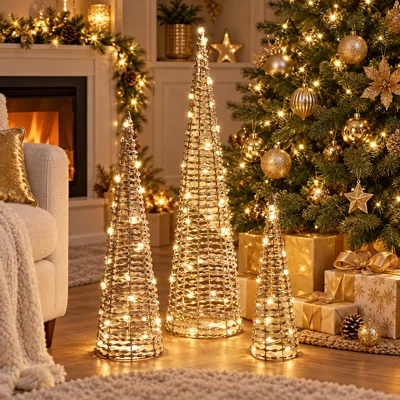 LED Goldtwist Cone Trees Set of 3