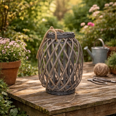 Grey Washed Wicker Lantern Small