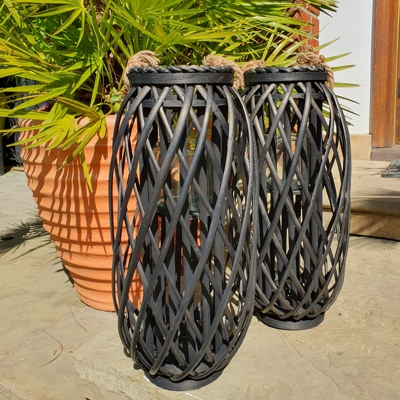 Black Washed Wicker Lantern Medium Black Washed Wicker Lantern Medium