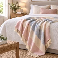 Faux Mohair Throw Pink Blue and Natural