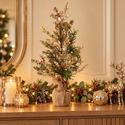 Frosted Fir tree with gold leaves and hessian base