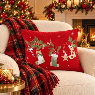 Christmas Embroidered Boudoir Cushion Red