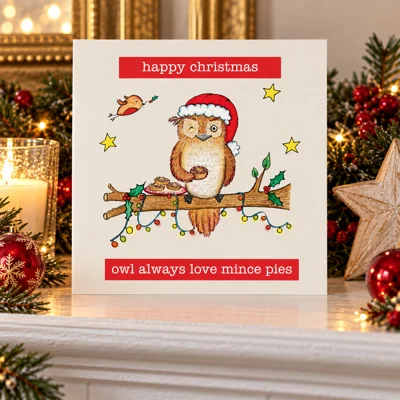 Christmas Card Owl Always Love Mince Pies