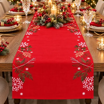 Botanical Embroidered Table Runner Red
