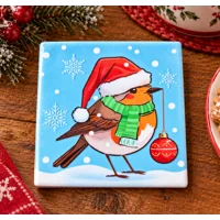 Ceramic Christmas Coaster Set of 4 Santa and Friends