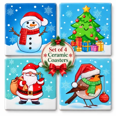 Ceramic Christmas Coaster Set of 4 Santa and Friends