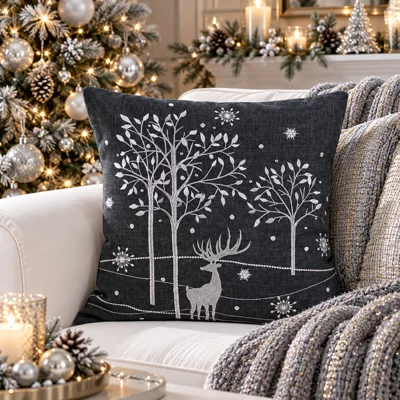 Stag Embroidered Statement Cushion Pewter and Silver