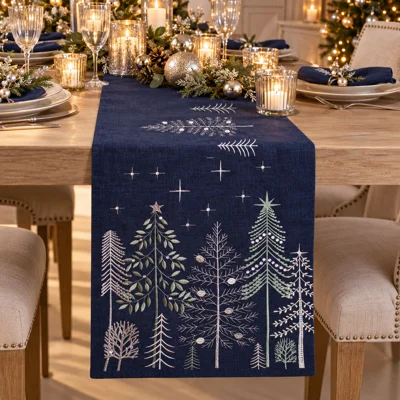 Pines Embroidered Table Runner Navy and Silver