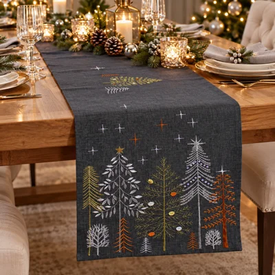 Pines Embroidered Table Runner Pewter