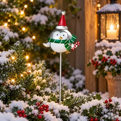 Bobbly Penguin Metal  Garden Stake Green