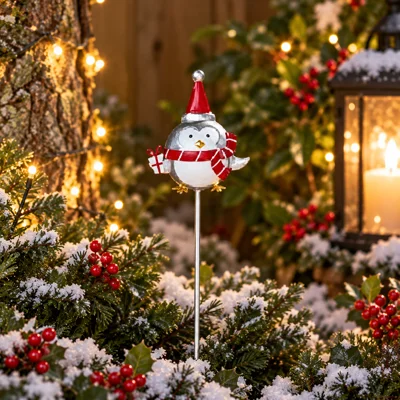 Bobbly Penguin Metal  Garden Stake Red