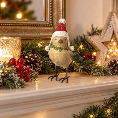 Christmas Bird Figurine with Pom Pom Hat