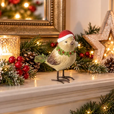 Christmas Bird Figurine with Santa Hat