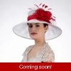 Red and White Wide Brimmed Sinamay Hat with Feathers Red and White Wide Brimmed Sinamay Hat with Feathers