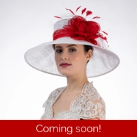 Red and White Wide Brimmed Sinamay Hat with Feathers
