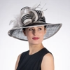 Black and Silver Striped Wide Brimmed Sinamay Hat with Feather and Bow Black and Silver Striped Wide Brimmed Sinamay Hat with Feather and Bow