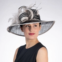 Black and Silver Striped Wide Brimmed Sinamay Hat with Feather and Bow