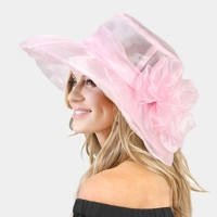 Pink Organza Wide Brim Hat with Bow
