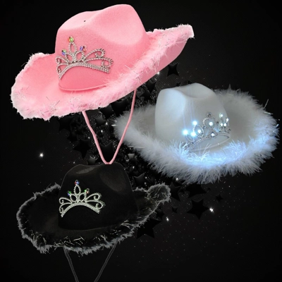 Assorted Color Flashing Cow Girl Hat With Feather Brim Assorted Color Flashing Cow Girl Hat With Feather Brim