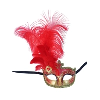 Red and Gold Anarkali Eye Mask with Feathers