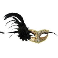 Black and Gold Victorian Eye Mask with Swirls, Flower and Side Feathers