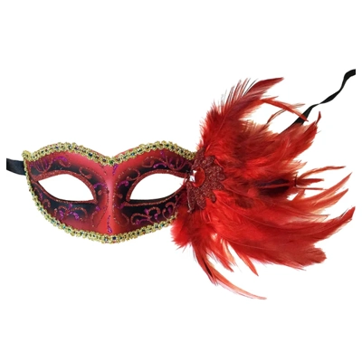 Red Glitter Swirl Eye Mask with Side Feathers