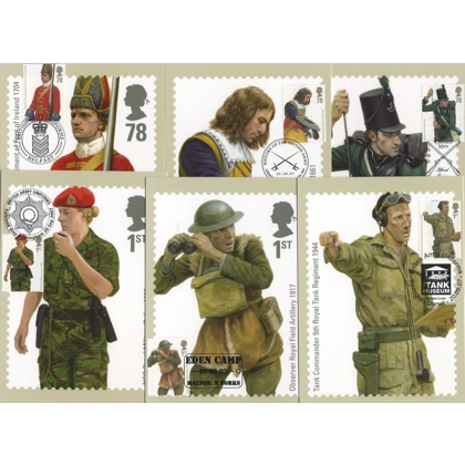2774 British Army Uniforms set of 6 PHQ Stamp cards, special postmarks