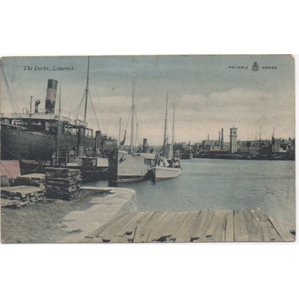 E118 Limerick postmark 1906 on postcard showing Limerick docks