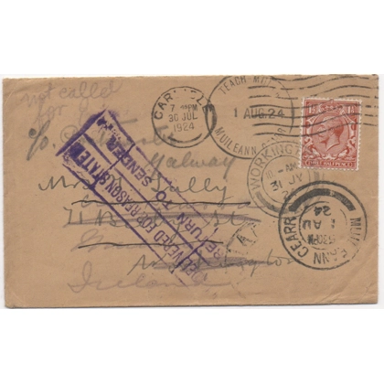 E120 redirected cover from Carlisle to Crooked Wood, Westmeath, mutliple handstamps
