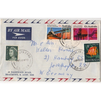 C5004 SG 471-2 9, 10c National Development 389 8c Fish, 384 3c def on airmail card to West Germany