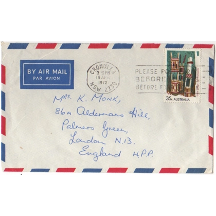C5011 SG 497 35c Aboriginal Art on airmail letter to UK from Cronulla NSW 19 April 1972
