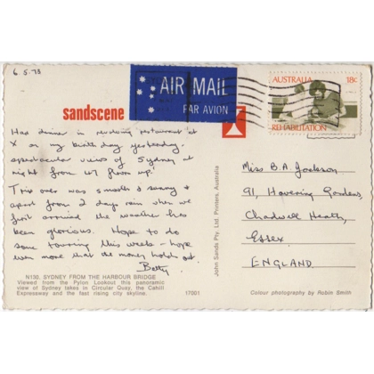 C5013 SG 515 18c Rehabilitation airmail postcard to UK Sydney May 1973