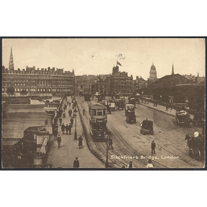 Blackfriars Bridge London postcard, trams etc used 1921