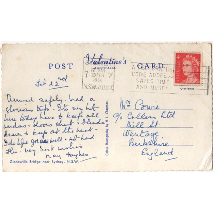 C5062 SG 385 4c Queen def postcard to UK 23 February 1966 Sydney