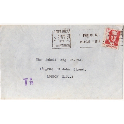 C5073 SG 508 Bruce letter to UK surcharged T6/10 Adelaide 5 February 1973