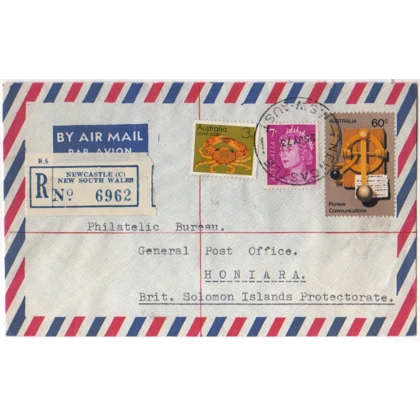 C5020 SG 528 60c Pioneer, 388a 7c def, 547 3c Coral Crab registered airmail cover British Solomon I