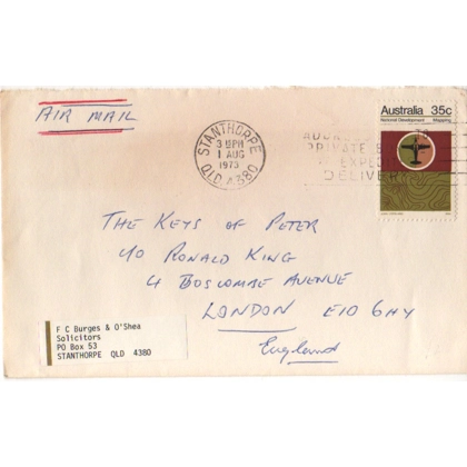 C5023 SG 544 35c National Development mapping on airmail cover to UK 1 August 1973 Stanthorpe Qld