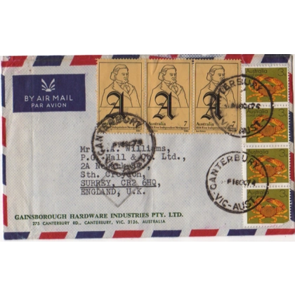 C5026 SG 578x3 7c Newspaper & SG547x4 3c Coral Crab on airmail letter to UK Canterbury VIC 16 October 1974