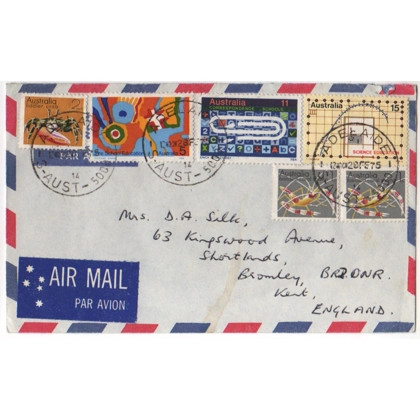 C5027 SG 582-5 5c,11c,15c Education 2x1c shrimp, 2c crab on airmail letter to UK Adelaide SA 1975