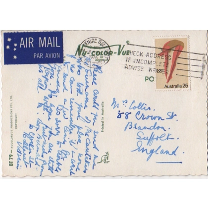 C5031 SG 625 25c Diving on airmail postcard to UK 1976