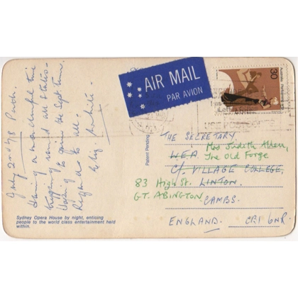 C5121 SG 642 30c Performing Arts on airmail postcard to UK from St Lucia Qld July 1979