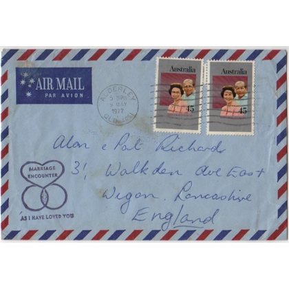 C5039 SG 646 Silver Jubilee pair on airmail letter to UK from Alderley Qld 5 May 1977