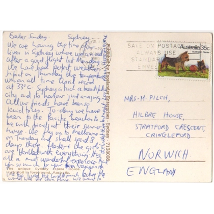 C5040 SG 732 35c Dog stamp on postcard to UK 1980 8 April 1980