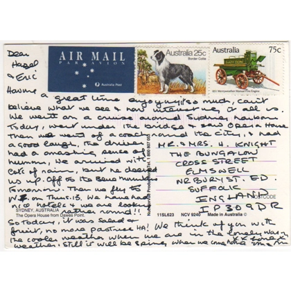 C5044 SG 878 75c fire engine & 730 25c Dog for $1 airmail postcard to UK