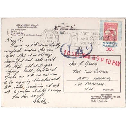 C5050 SG 944 30c Ausipex postcard to UK surcharged 10/45 Brockhamtpon MC 27 August 1984