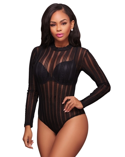 Black Striped Mesh Bodysuit